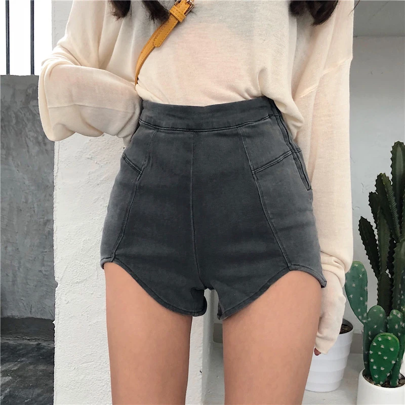 

Women High Waist Vintage Solid Jeans Skinny Elastic Shorts Asymmetrical Girls Sexy Female