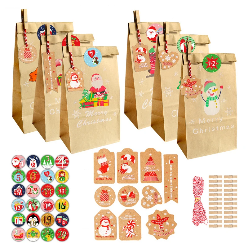 

24 набора, рождественские пакеты из крафт-бумаги