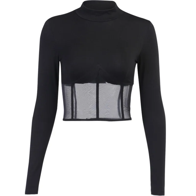 

Bazhenova 2020 Autumn Women Sexy T-shirt Girls Lace Stitching Top for Women Half High Collar Long Sleeve T-shirt Women Tops R754