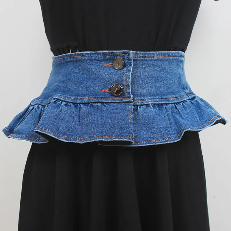 

SeeBeautiful Simple Ruffles Stitching Denim Waist Seal Single Breasted All Match New Fashion 2021 Summer Women E854