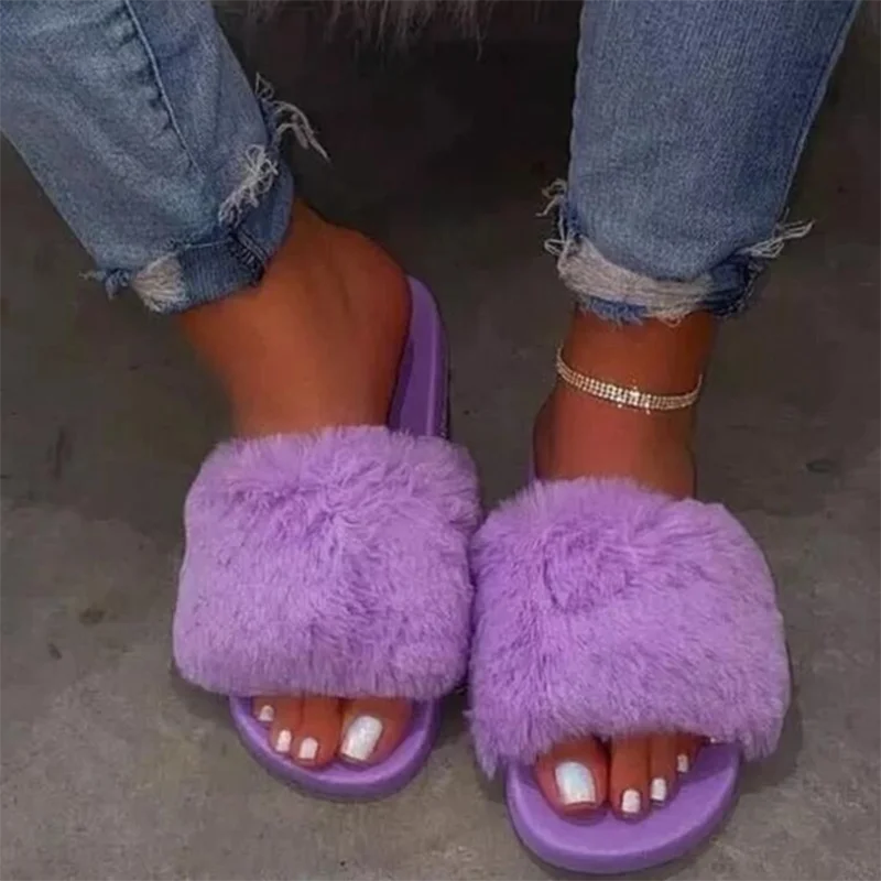 

2020 Hot Sale Furry Fur Slides Indoor Home Slippers Woman Fluffy Flip Flops Ladies Home Shoes Female Flats Casual Shoes Chanclas