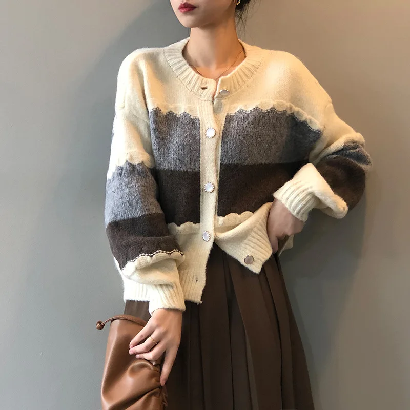 

Женский вязаный кардиган в полоску, свободный шерстяной свитер с длинным рукавом, винтажная верхняя одежда в Корейском стиле, Осень-зима 2021