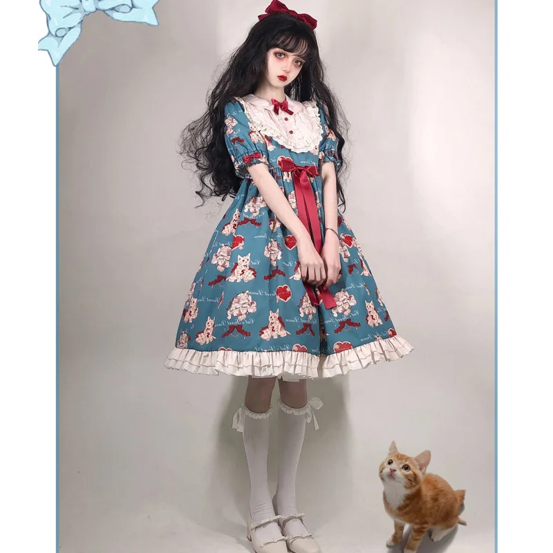 

Y2k готическое платье в стиле Лолиты, японское мягкое платье для девочек с милым принтом кота, платье принцессы Op в стиле Лолиты, милое платье ...
