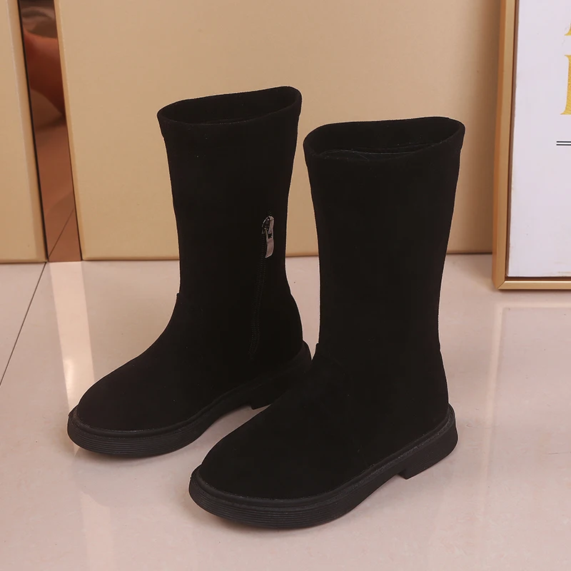 SC097Black Детские зимние сапоги на плоской подошве для девочек; Теплые Зимние ботиночки для детей; обувь принцессы; плотные однотонные черные, коричневые; SC097 - Цвет: SC097Black