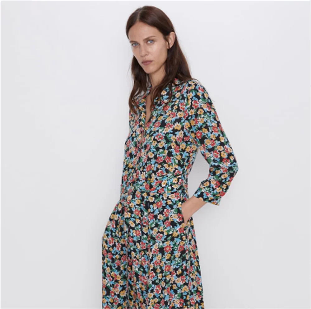 Женское платье с цветочным принтом ZA облегающее в богемном стиле отложным