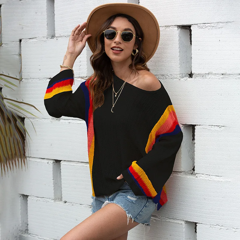 

2021 spring European and American hollow beach shirt stitching knitted rainbow sweater women
