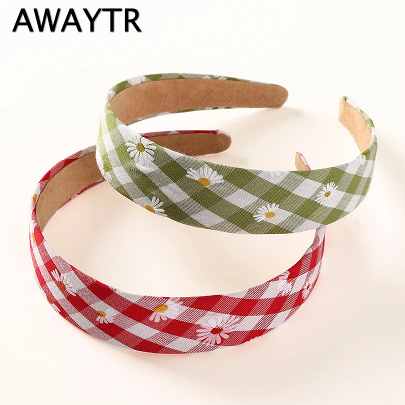 Женский винтажный ободок AWAYTR широкий в клетку с ромашками 3 см аксессуар для