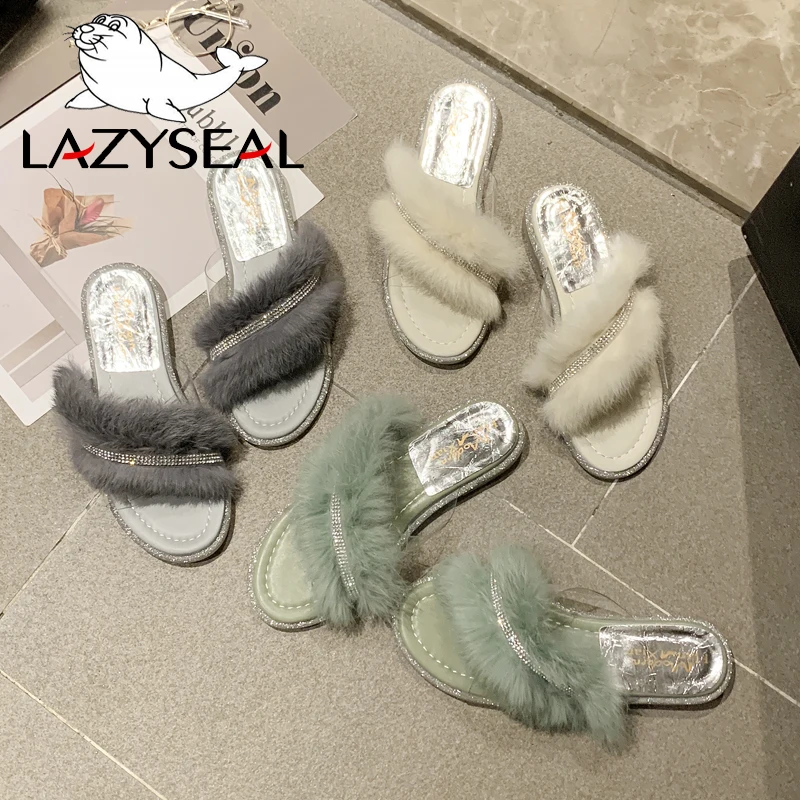 LazySeal/шикарная обувь для ювелирных изделий; женские тапочки из натурального меха; домашние теплые пушистые тапочки на плоской подошве; женские шлепанцы; вьетнамки
