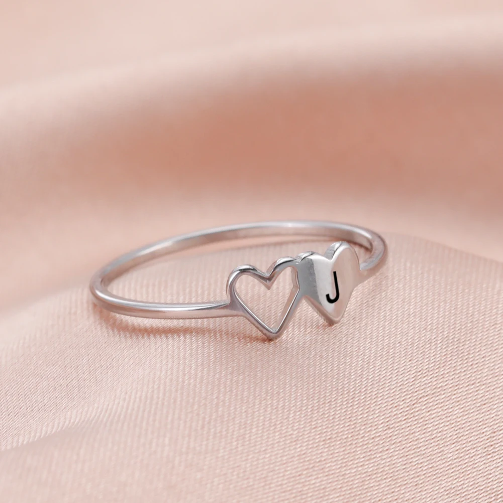 Skyrim Minimalist Double Hearts Initial Letter Rings Women Stainless Steel A-Z Alphabet Trendy Ring 2022 Fashion Jewelry Gift | Украшения и