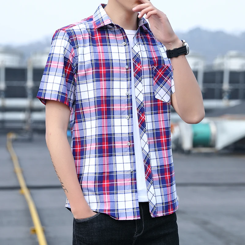 Spring and summer men's Short Sleeve Plaid Shirt Europe and the United States trend outdoor sports and leisure college fat plus