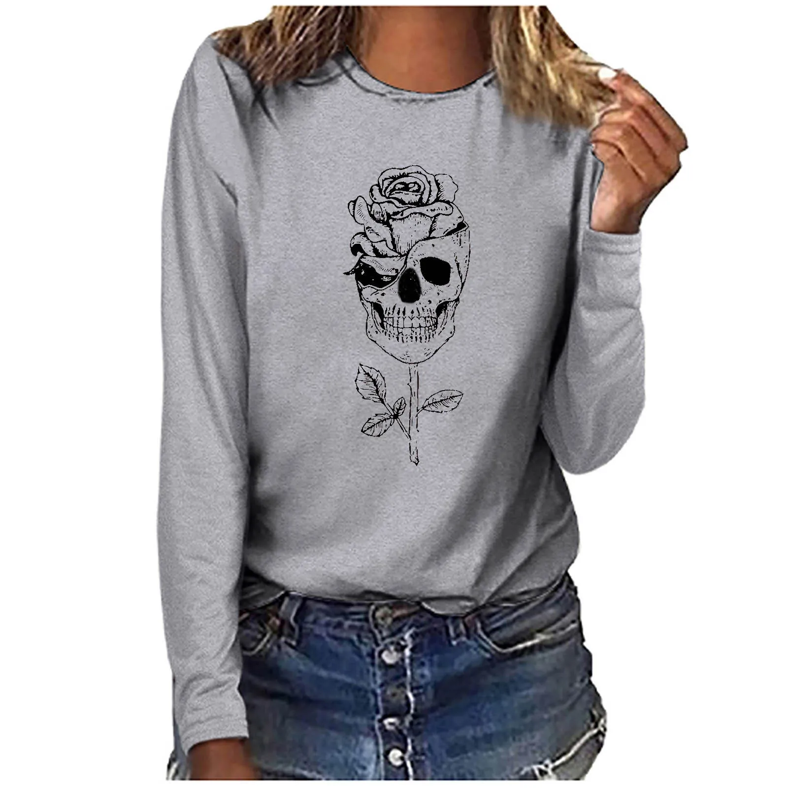 

autumn Women's Casual skull Printing O-Neck Long Sleeve Tops T-shirts high quality chemise femme hot