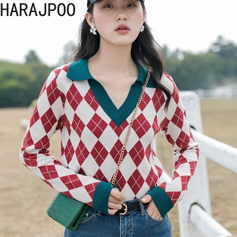

Harajpoo Female Sweaters V Neck Plaid Argyle Korean Women 2021 New Autumn Outer Wear All Match Lazy Style Pullover Red Knit Oaf