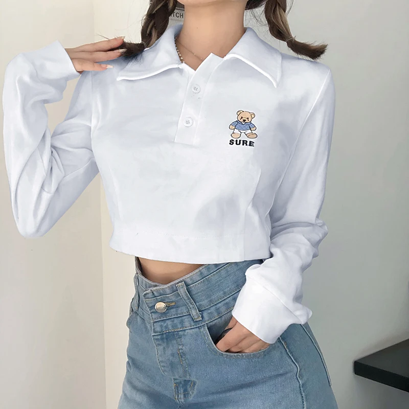 

Белая Милая Хлопковая женская футболка с вышивкой медведя, футболка с отложным воротником и длинным рукавом, Короткий Повседневный укороче...