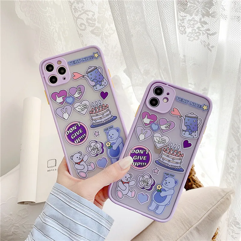 Cute Cartoon Bear Lovely Pattern Label Matte Phone Case For iPhone 11 Pro Max 7 8 Plus SE 2020 X XR XS Plastic Covers | Мобильные