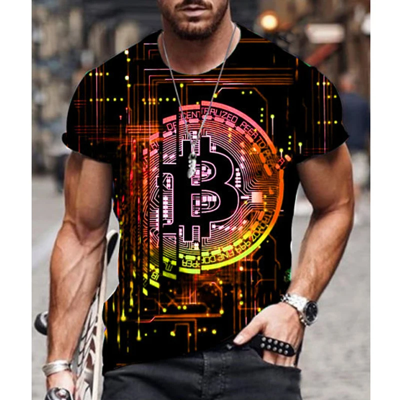 

2022 Short Sleeve Loose T-shirt Bitcoin 3D Print Slim Round Neck Pullover Plus Size Casual Streetwear Fashion T Shirt For Men