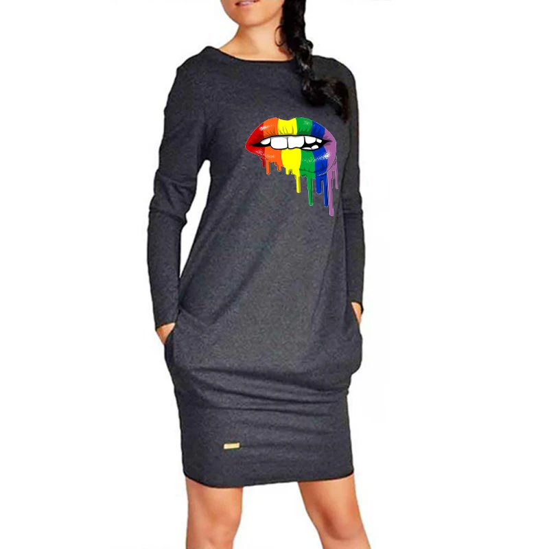 Осеннее женское платье большого размера с принтом губ облегающие платья