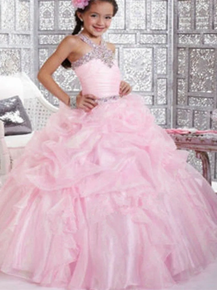 

Pink Crystals Beaded Flower Girl Dresses With V-neck Balll Gown Sequins Tulle Little Girl First Communion Dress Pageant Gowns