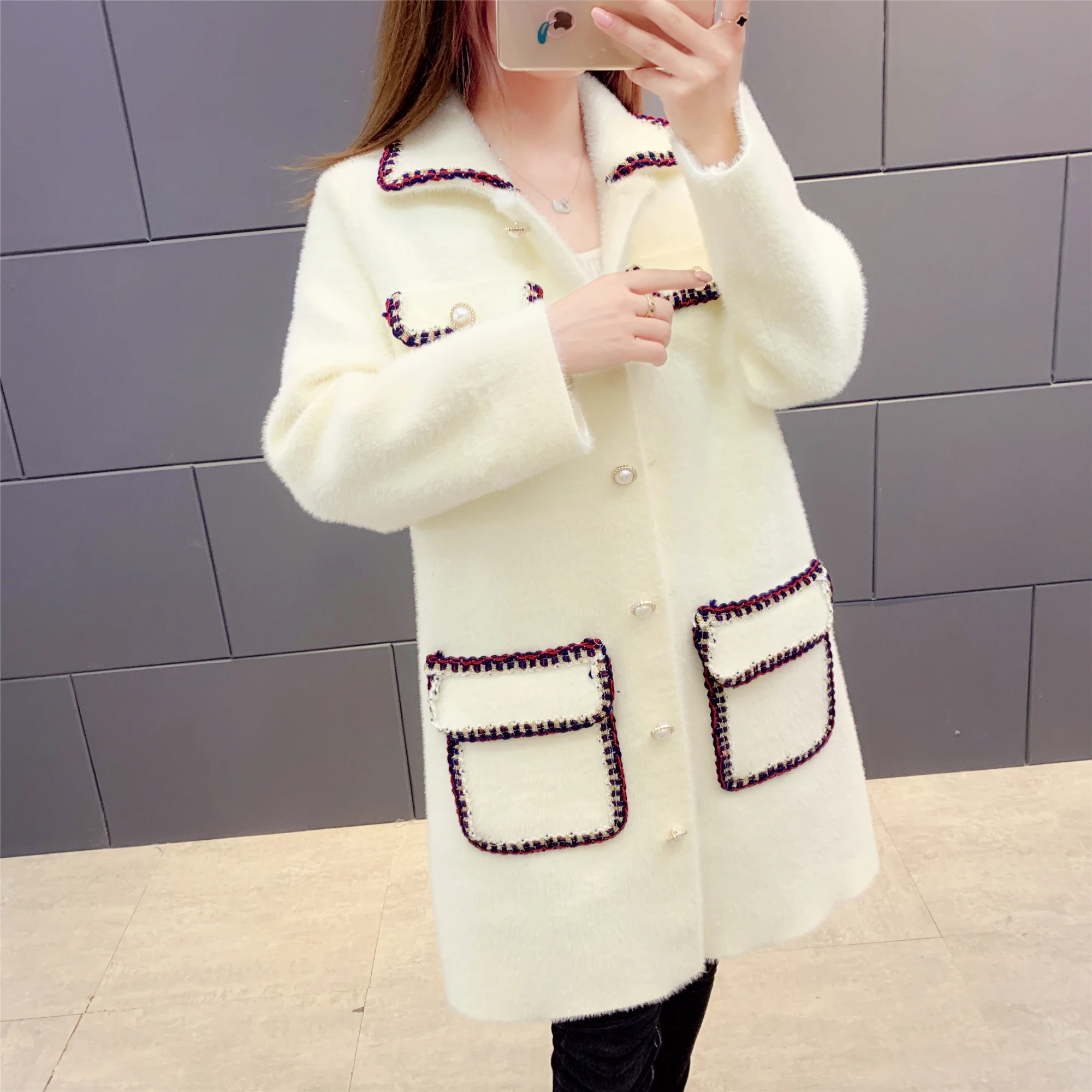 

Faux Mink Winter Warm Thick Outwear 2023 New Womens Autumn Mid-length Knitted Cardigan Jacket Ladies Double Fleece Coat Tide