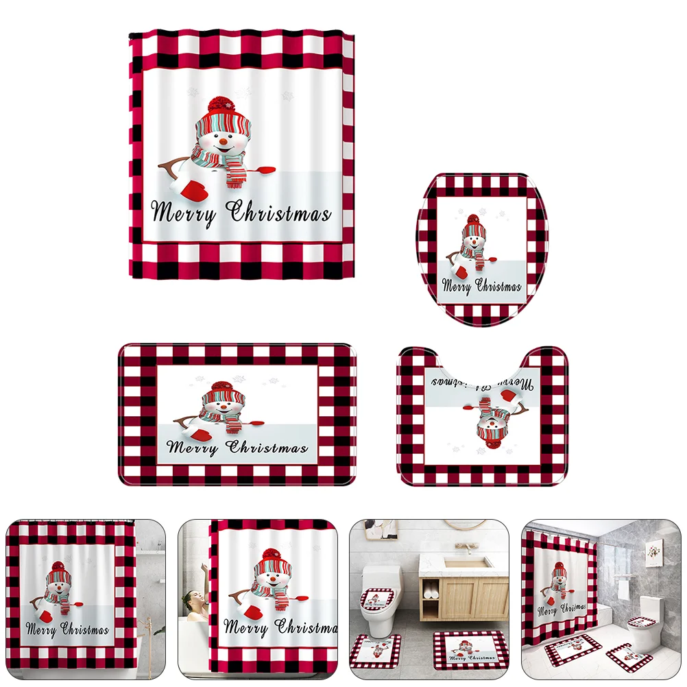 

4pcs Christmas Decoration Shower Curtain and Bath Mat Set Bathroom Decoration