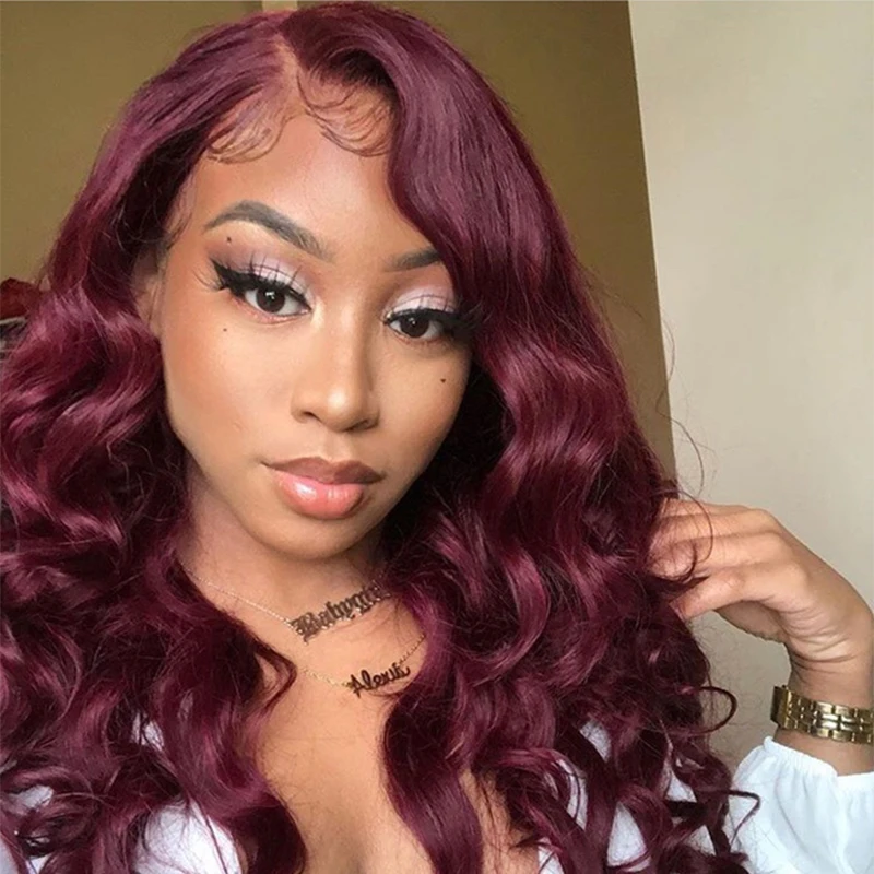 Парики из натуральных человеческих волос с цветными кружевами бордового цвета 99J