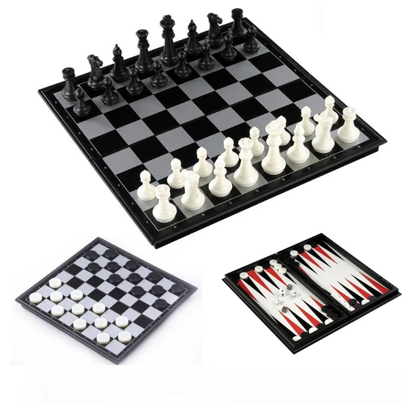 Ajedrez y damas y Backgammon 3 en 1, juego de ajedrez de plástico, juego de ajedrez magnético de viaje, tablero de ajedrez plegable