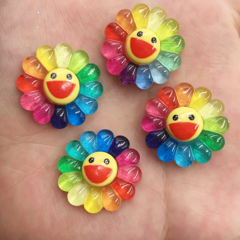 

New 10pcs 22mm Bling Resin Colorful Smile Rainbow Sunflower Flat Back Crystal Rhinestone Button DIY Wedding Scrapbook Craft F678