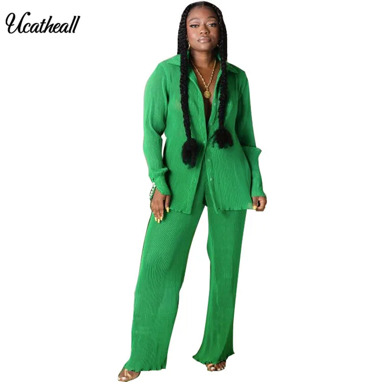 Женский летний костюм-двойка блузка с длинным рукавом и лацканами + длинные брюки