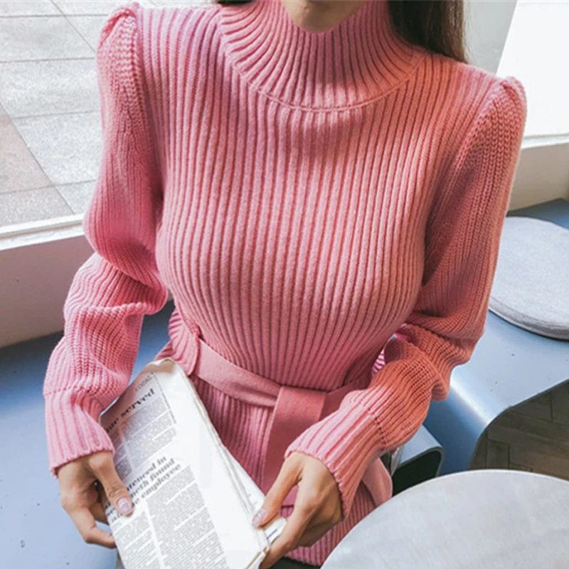 

New Autumn Winter Turtleneck Knit Sweaters Woman Full-Sleeve Lace-Up Knitted Jumper Female Pullover 2021 Basic Tops