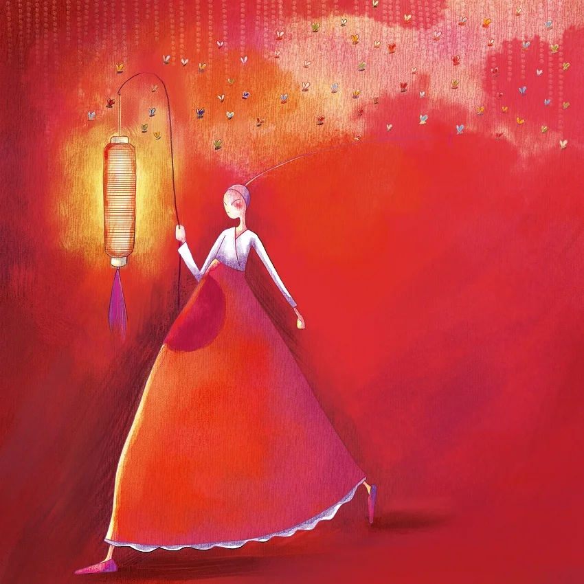 

Abstract Girl in Red Dress Wall Art Decorative Picture Flower Lantern Poster on Canvas Living Room Children's Home Decor