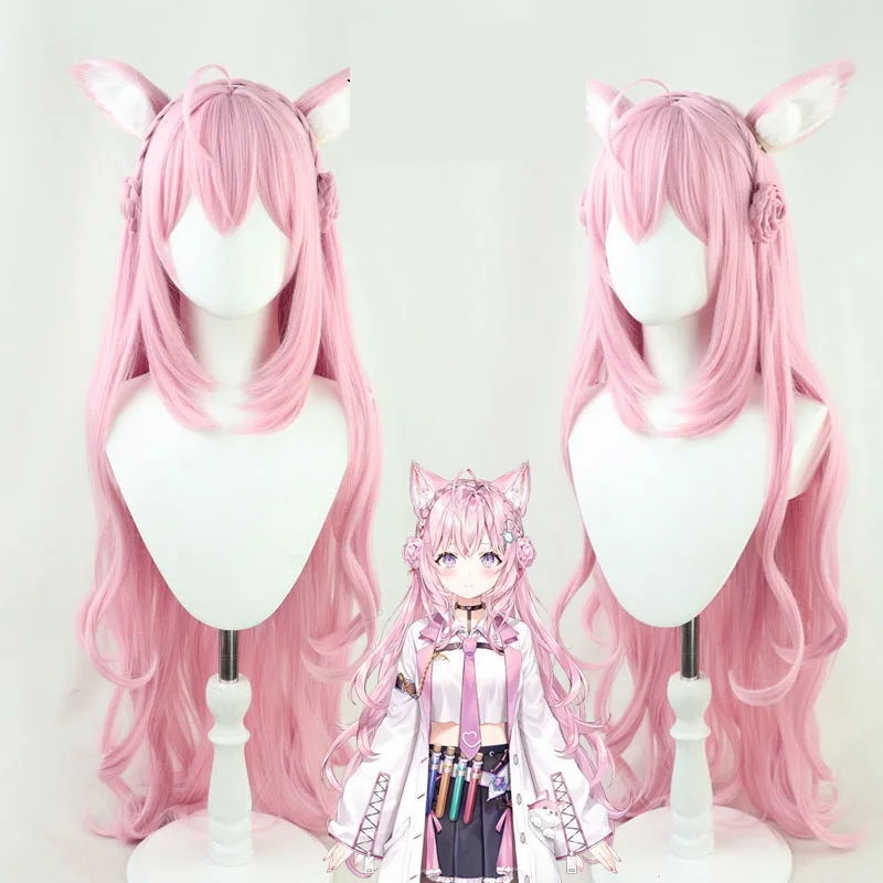 VTuber Hololive Hakui Koyori Cosplay Wig with Fox Ears Pink Long Wavy Heat Resistant Synthetic Hair Halloween Carnival
