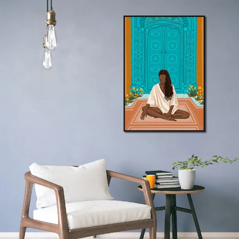 

Modern Style Murals Cartoon Blue Door and Girl Frameles Poster Home Residential Bedroom Decoration Living Room Canvas Painting