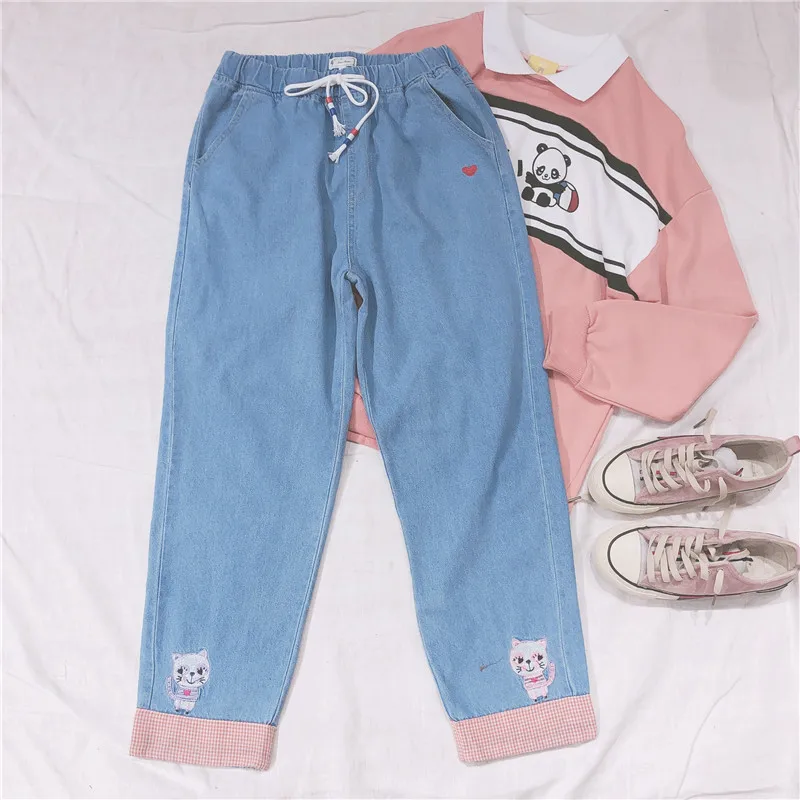 Осенние новые японские Harajuku kawaii Wild свободные джинсы с высокой талией и вышивкой кота женские маленькие свежие штаны для девочек в Корейском стиле