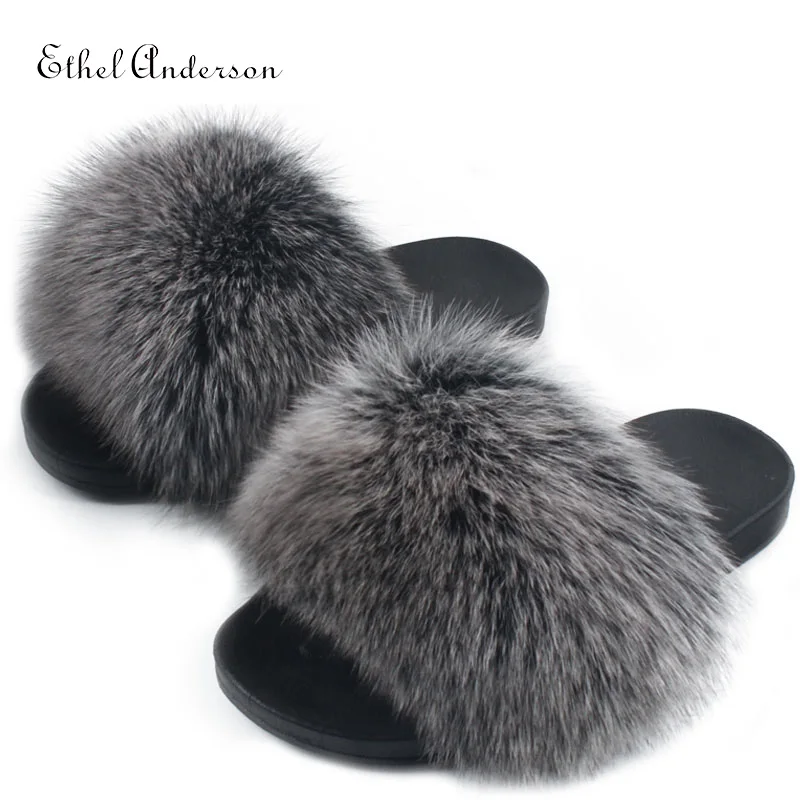 

Ethel Anderson Real Fox Raccoon Slippers Fur Furry Solid Non-slip Women Plush Shoes Lady Casual Slippers Multiple Colour Hot