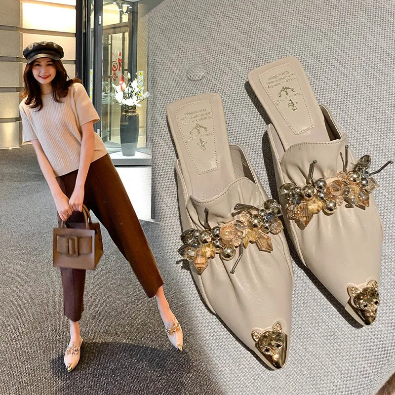 

Women Metal Fox Pointed Toe Mules Sandals Women Shoes Flip Flops Toe Slides Beads Candy Ball Flat Slippers
