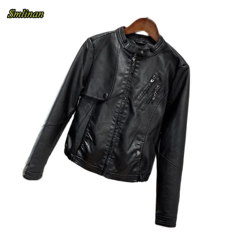 

Smlinan, весенне-осенняя повседневная короткая куртка, верхняя одежда для женщин, модная новая Базовая куртка из искусственной кожи на молнии, ...