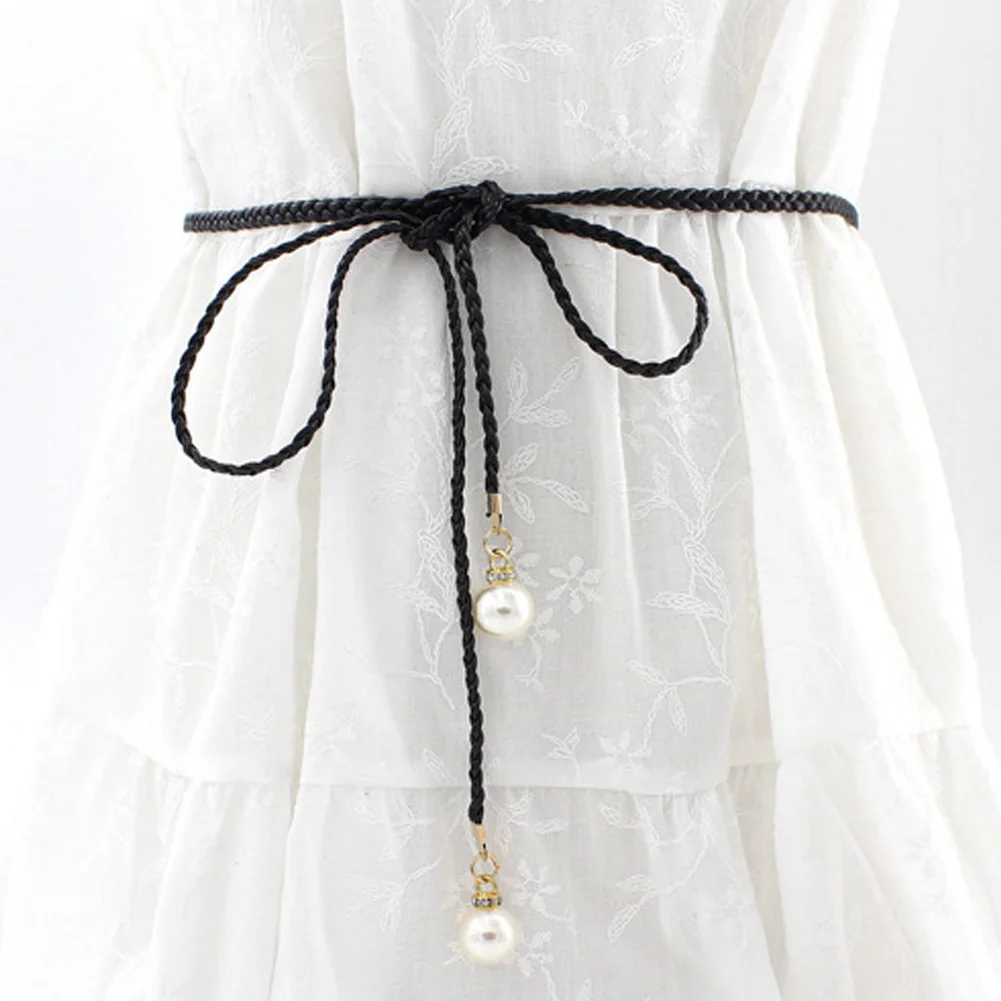 

Fashion Thin PU Leather Belt Simulated Pearl Elastic Waist Belts Women Dress Skirt Decoration Fashion Girles Gifts Women Belt