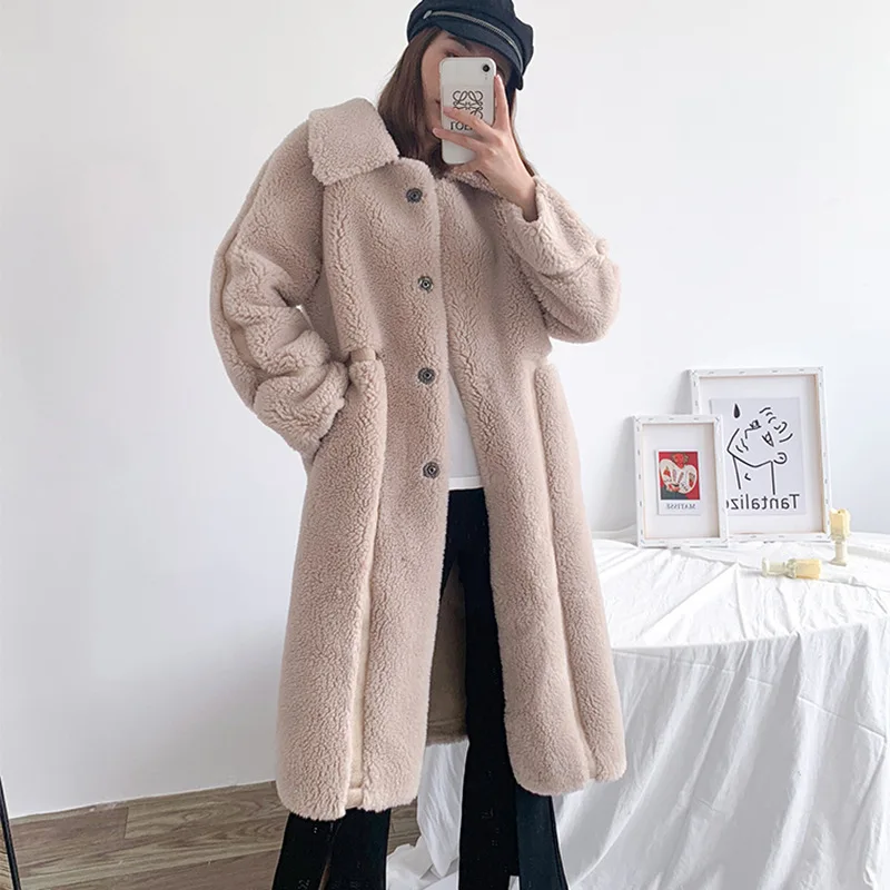 Sheep shearing coat pink women's new cardigan wool composite fur one medium long coat lamb wool fashion versatile fur coat
