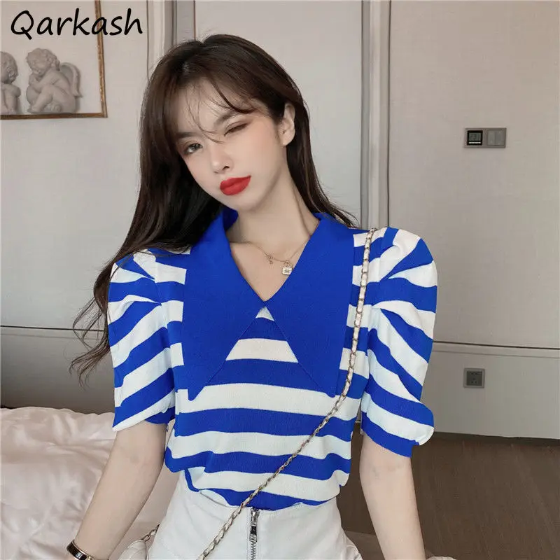 

T-Shirts Women Puff Sleeve Summer Hot Striped Casual Fashion All-match Preppy Korean Style Sexy Female Clothes Harajuku Vintage