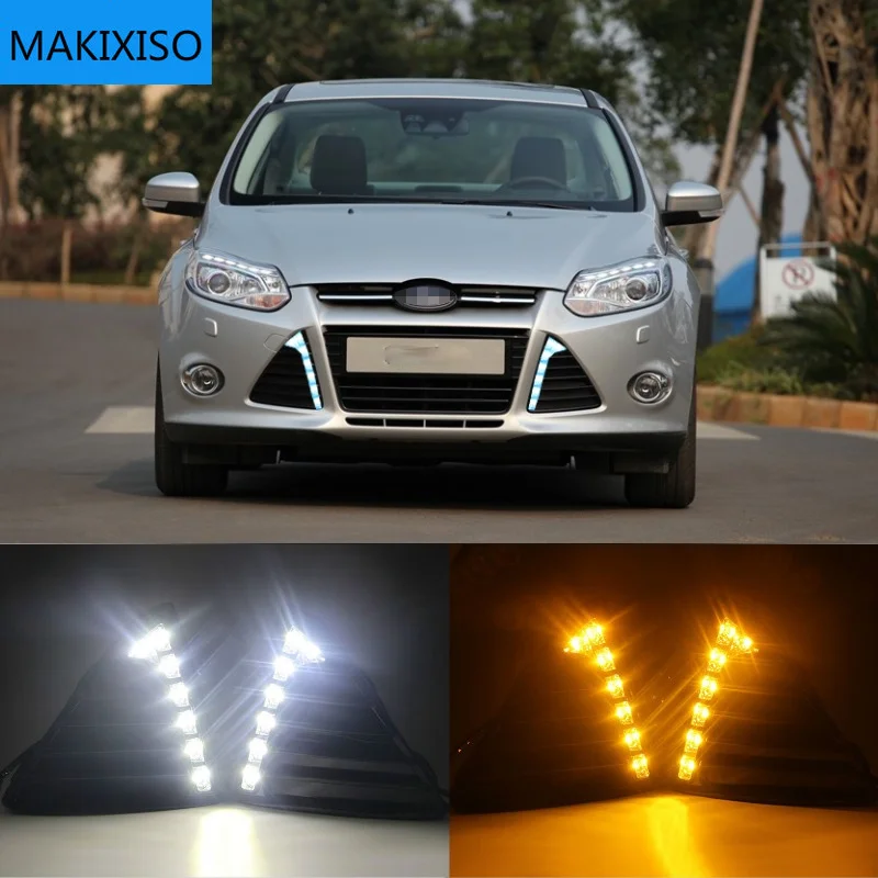 Ford Focus 3 için MK3 2012 ~ 2015 için gündüz çalışan işık odak DRL LED sis lambası kapağı sarı dönme sinyali fonksiyonları