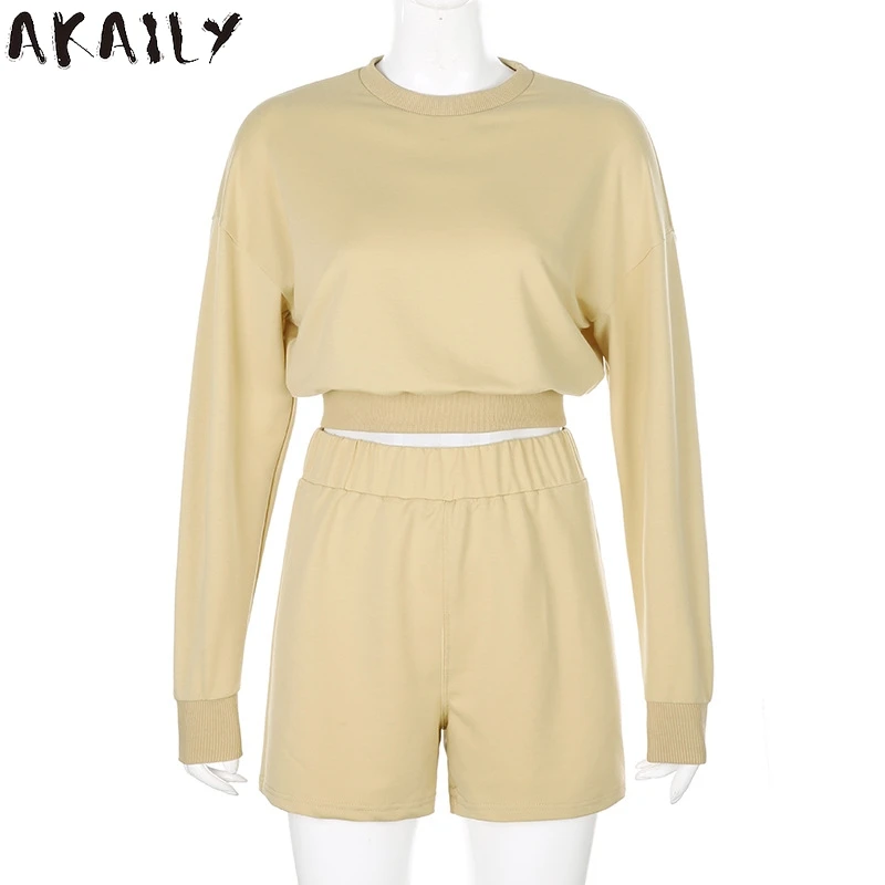 

Akaily Summer Streetwear Solid 2 Two Piece Sets Women Outfits Loose Female Tracksuits Long Sleeve Crop Top High Waist Pants Sets