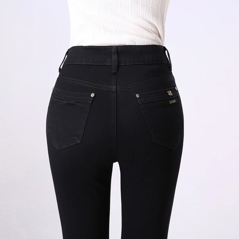 Высокое качество осень зима джинсы женские с высокой талией темно синие скинни