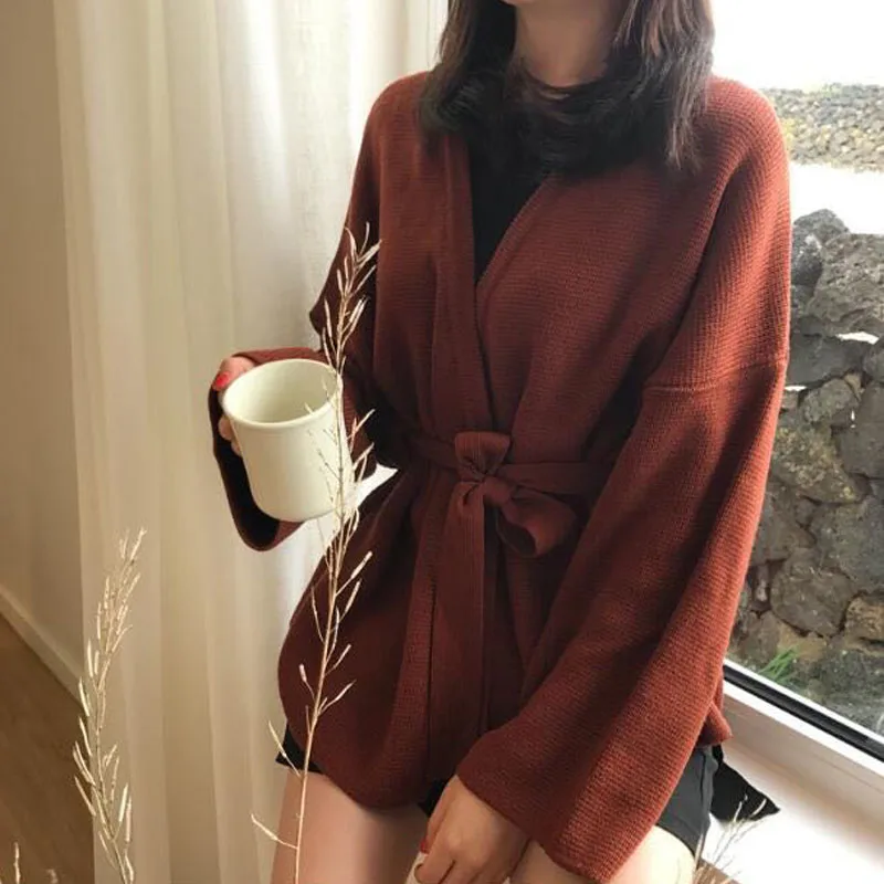 

JMPRS Loose Women Cardigan Sweater Fashion Bandage Autumn Knitted Long Sleeve Tunic Coat V Neck Korean Chic Female Top