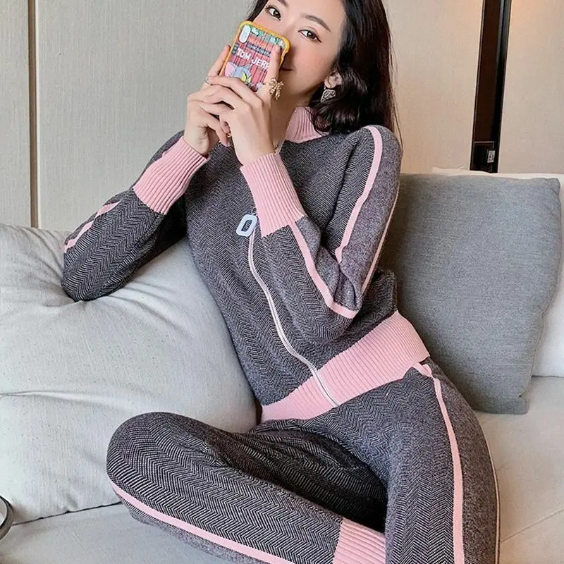 sweaterpants women clothing set casual body suits cardigan pants outfits spring plaid two pieces set woman knitted tracksuits free global shipping