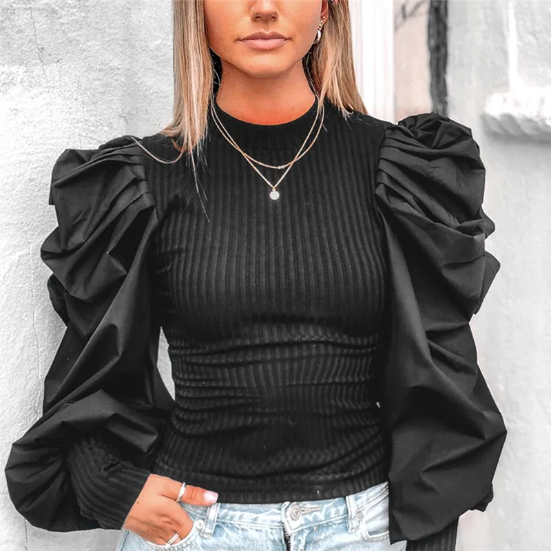 Модная рубашка с рукавами фонариками и рюшами Осенний однотонный топ круглым