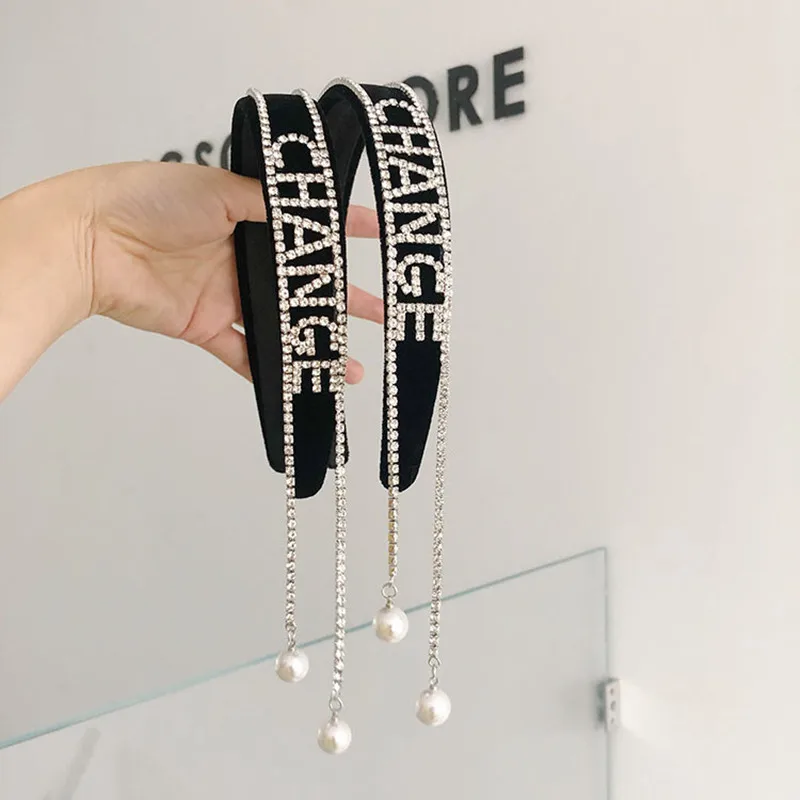 

Rhinestone tassel back-hanging headbands fashion hair accessories women's diamond-studded shiny wide-brimmed headband hair bands