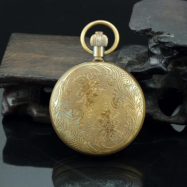 Two Sub-dials Mechanical Pocket Watch Hand Winding Bronze Copper Skeleton Back FOB Chain Vintage Retro Roman Numeral Clock