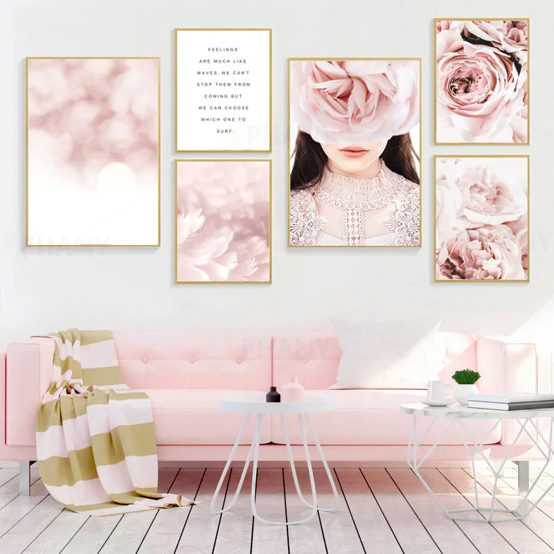 

Scandinavian Fashion Pink Poster Rose Flower Feather Nordic Wall Art Canvas Print Painting Modern Living Room Decor Picture