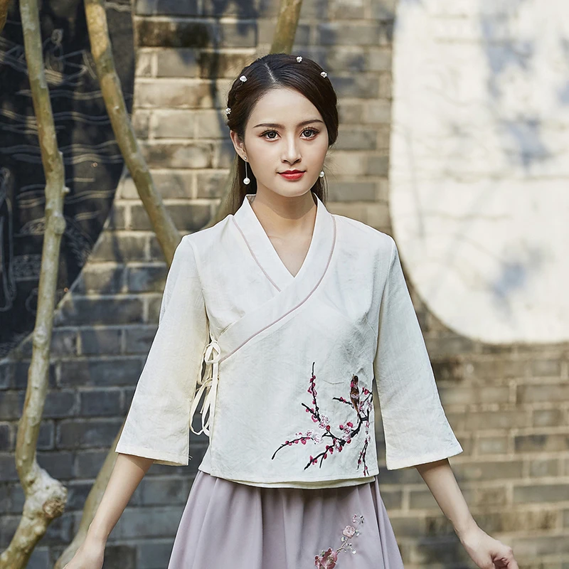 

Aransue Women Kimono Top Hanfu Beige shirt Spring Autumn New Embroidery Flower Literature Qipao Clothes