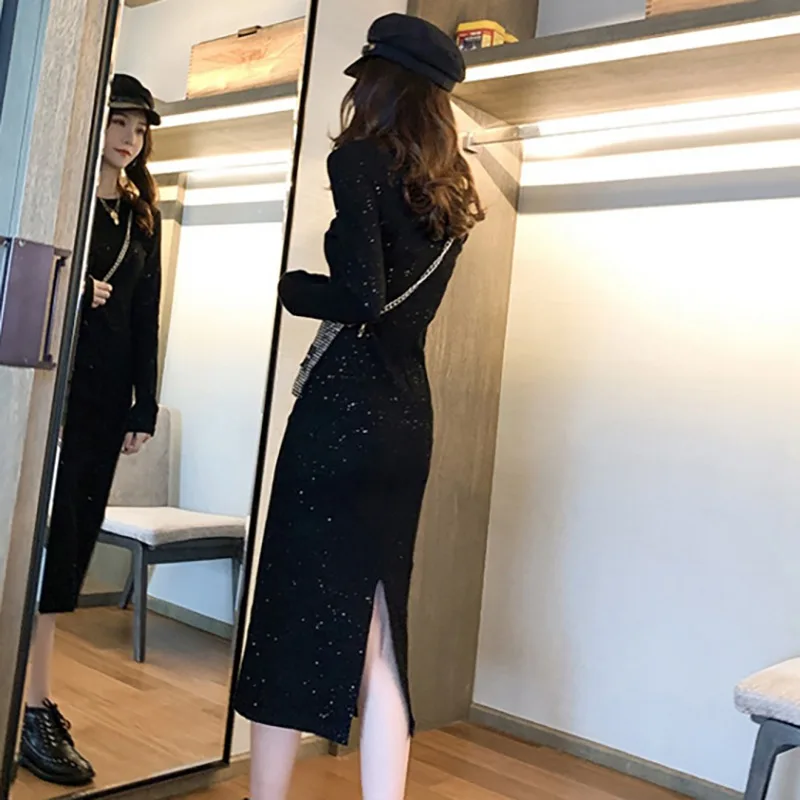 M блёстки черное элегантное женское Макси длинное платье осень новая мода с