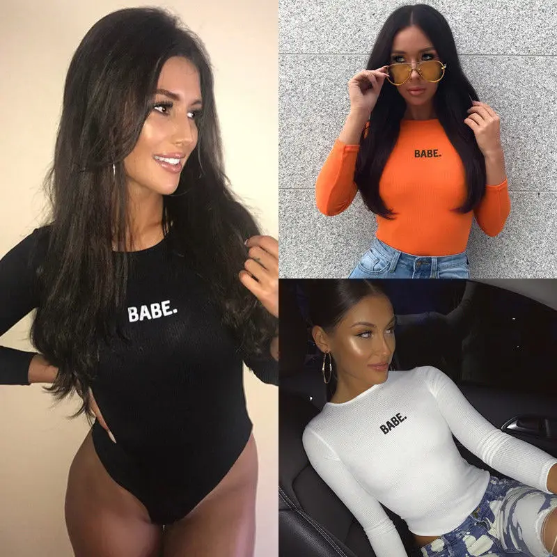 

Women Fashion Sexy BABE Letter Long Sleeved Bodysuits Casual Skinny Bodysuits Autumn O-neck One Piece Body Bodysuits